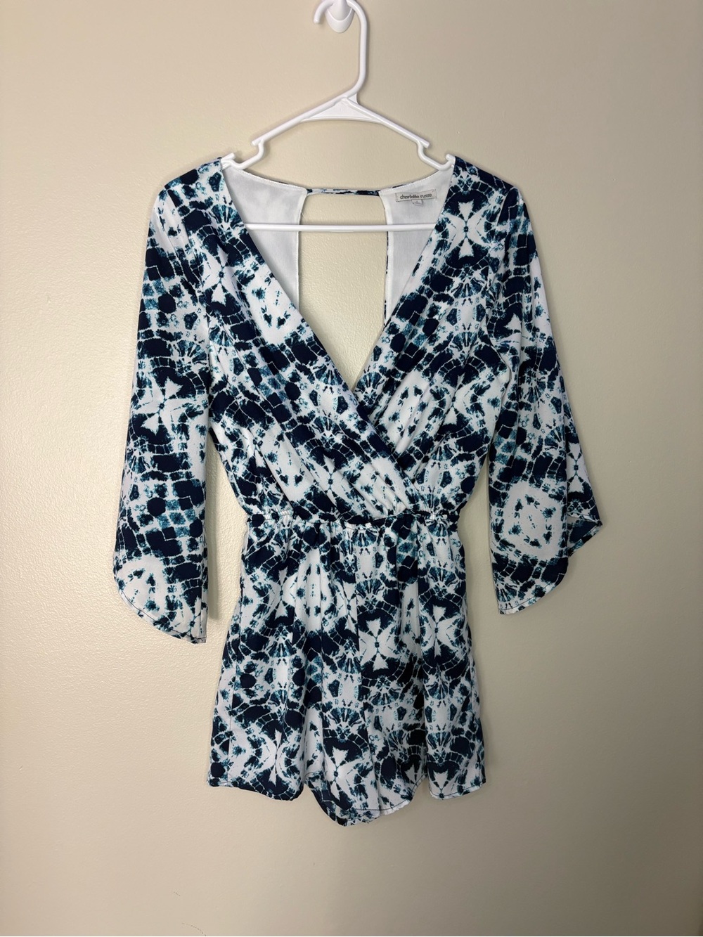 Charlotte Russe Navy & White Tie-Dye Surplice Romper